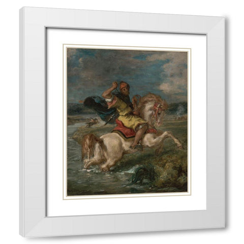Moroccan Horseman Crossing a Ford White Modern Wood Framed Art Print with Double Matting by Delacroix, Eugene