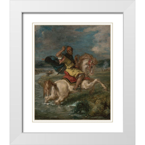 Moroccan Horseman Crossing a Ford White Modern Wood Framed Art Print with Double Matting by Delacroix, Eugene