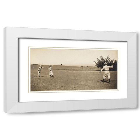 Three Boys With A Ball And Bat, Playing One Old Cat White Modern Wood Framed Art Print with Double Matting by A.G. Spalding Baseball Collection