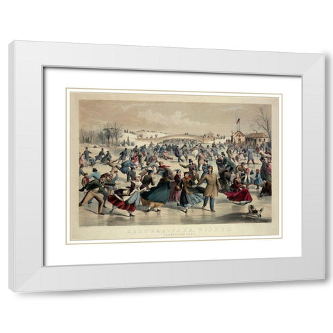 Central-Park, Winter - The Skating Pond, New York, 1862 White Modern Wood Framed Art Print with Double Matting by Currier and Ives