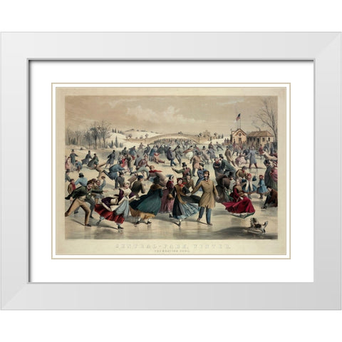 Central-Park, Winter - The Skating Pond,  New York, 1862 White Modern Wood Framed Art Print with Double Matting by Currier and Ives