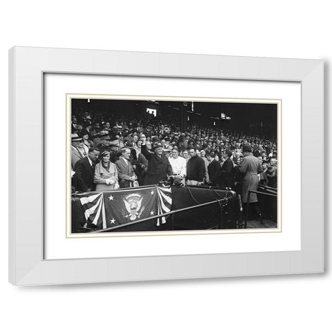 Franklin D. Roosevelt at Baseball Game, 1932 or 1933 White Modern Wood Framed Art Print with Double Matting by Harris and Ewing Collection (Library of Congress)