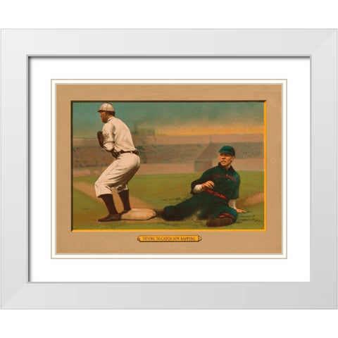 Trying to Catch Him Napping, Baseball Card White Modern Wood Framed Art Print with Double Matting by American Tobacco Company