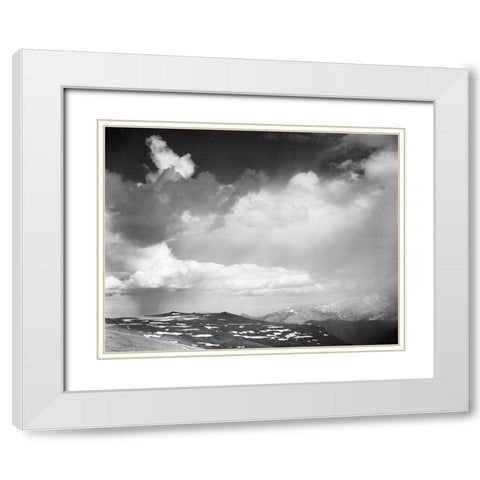 Mountain tops, low horizon, dramatic clouded sky, in Rocky Mountain National Park, Colorado, ca. 19 White Modern Wood Framed Art Print with Double Matting by Adams, Ansel