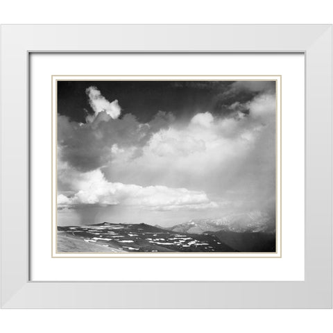 Mountain tops, low horizon, dramatic clouded sky, in Rocky Mountain National Park, Colorado, ca. 19 White Modern Wood Framed Art Print with Double Matting by Adams, Ansel
