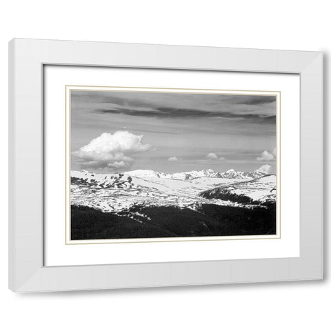 View at timberline, dark foreground, light snow capped mountain, gray sky, in Rocky Mountain Nationa White Modern Wood Framed Art Print with Double Matting by Adams, Ansel
