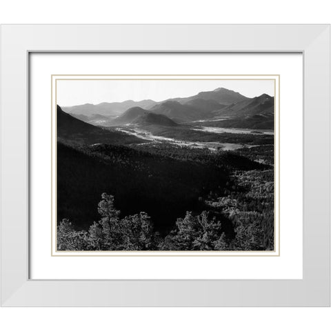 Valley surrounded by mountains,  in Rocky Mountain National Park, Colorado, ca. 1941-1942 White Modern Wood Framed Art Print with Double Matting by Adams, Ansel