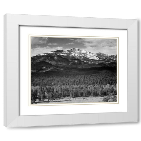 Trees in foreground, snow covered mountain in background, in Rocky Mountain National Park, Colorado, White Modern Wood Framed Art Print with Double Matting by Adams, Ansel