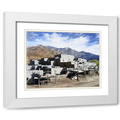 Full view of city-mountains in background-Taos Pueblo National Historic Landmark Color White Modern Wood Framed Art Print with Double Matting by Adams, Ansel