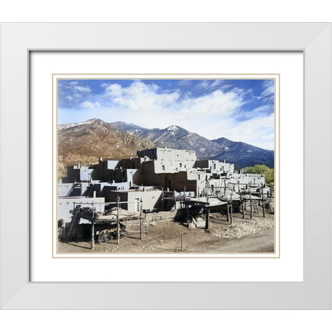 Full view of city-mountains in background-Taos Pueblo National Historic Landmark Color White Modern Wood Framed Art Print with Double Matting by Adams, Ansel