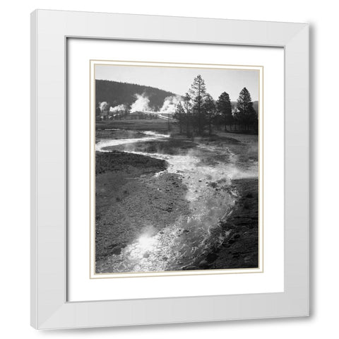 Stream winding back toward geyser, Central Geyser Basin, Yellowstone National Park, Wyoming, ca. 194 White Modern Wood Framed Art Print with Double Matting by Adams, Ansel