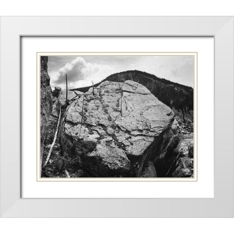Boulder with hill in background, Rocks at Silver Gate, Yellowstone National Park, Wyoming, ca. 1941- White Modern Wood Framed Art Print with Double Matting by Adams, Ansel