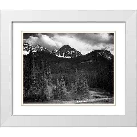 View of streamside trees and snow on mountains - Northeast Portion, Yellowstone National Park, Wyomi White Modern Wood Framed Art Print with Double Matting by Adams, Ansel