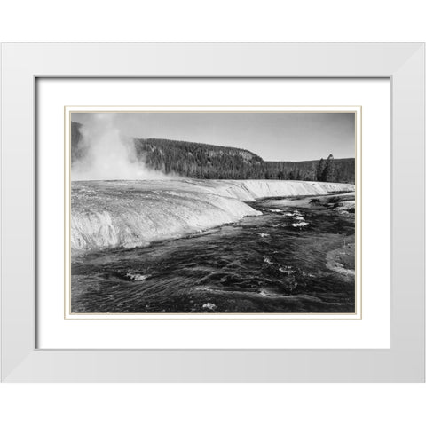 River in foreground, trees behind, Firehold River, Yellowstone National Park, Wyoming, ca. 1941-1942 White Modern Wood Framed Art Print with Double Matting by Adams, Ansel