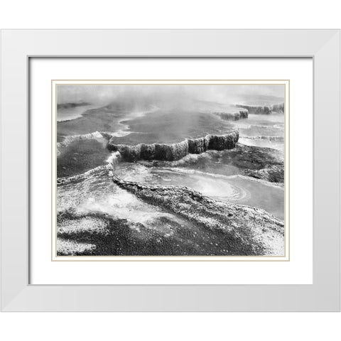 Aerial view of Jupiter Terrace, Yellowstone National Park, Wyoming ca. 1941-1942 White Modern Wood Framed Art Print with Double Matting by Adams, Ansel