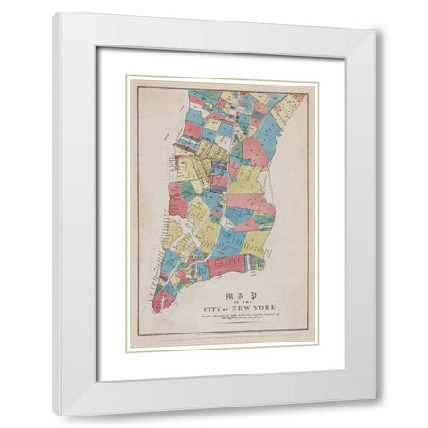 Map of the City of New York showing original high water line and the location of different Farms and White Modern Wood Framed Art Print with Double Matting by New York Common Council