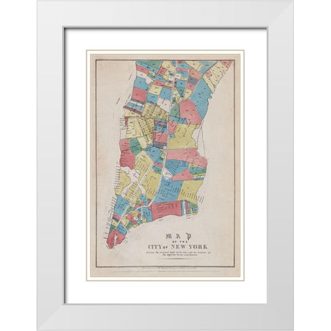 Map of the City of New York showing original high water line and the location of different Farms and White Modern Wood Framed Art Print with Double Matting by New York Common Council
