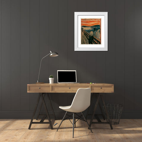 The Scream, 1893 White Modern Wood Framed Art Print with Double Matting by Munch, Edvard