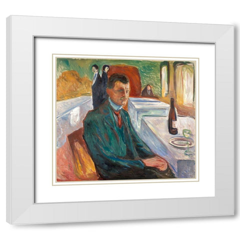Self-Portrait with a Bottle of Wine, 1906 White Modern Wood Framed Art Print with Double Matting by Munch, Edvard