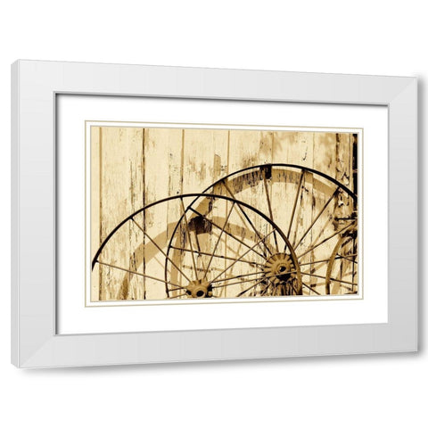 Old wagon wheels against a shed in Buffalo Gap Historic Village, near Abilene, TX - Sepia White Modern Wood Framed Art Print with Double Matting by Highmith, Carol