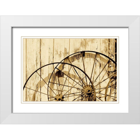 Old wagon wheels against a shed in Buffalo Gap Historic Village, near Abilene, TX - Sepia White Modern Wood Framed Art Print with Double Matting by Highmith, Carol