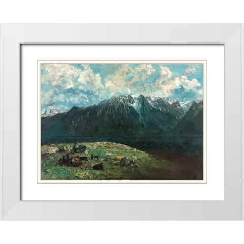 Panoramic View of the Alps, Les Dents du Midi White Modern Wood Framed Art Print with Double Matting by Courbet, Gustave