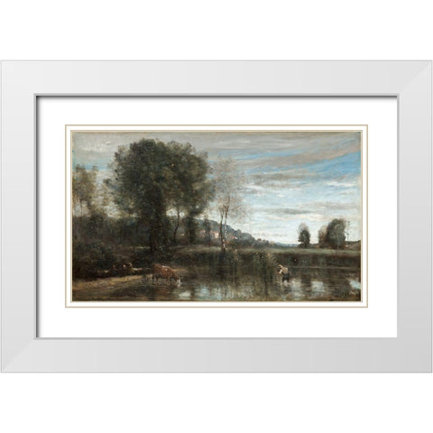 Pond at Ville-dAvray White Modern Wood Framed Art Print with Double Matting by Corot, Jean Baptiste Camille
