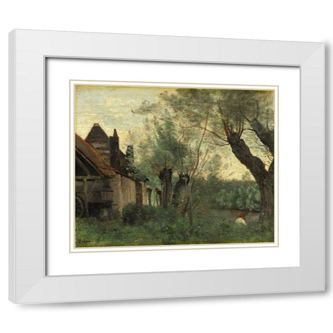 Willows and Farmhouse at Sainte-Catherine-les-Arras White Modern Wood Framed Art Print with Double Matting by Corot, Jean Baptiste Camille