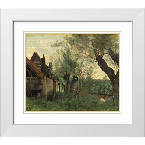 Willows and Farmhouse at Sainte-Catherine-les-Arras White Modern Wood Framed Art Print with Double Matting by Corot, Jean Baptiste Camille