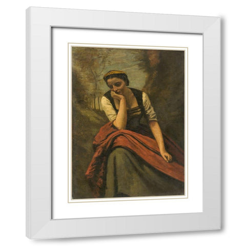 Woman Meditating White Modern Wood Framed Art Print with Double Matting by Corot, Jean Baptiste Camille