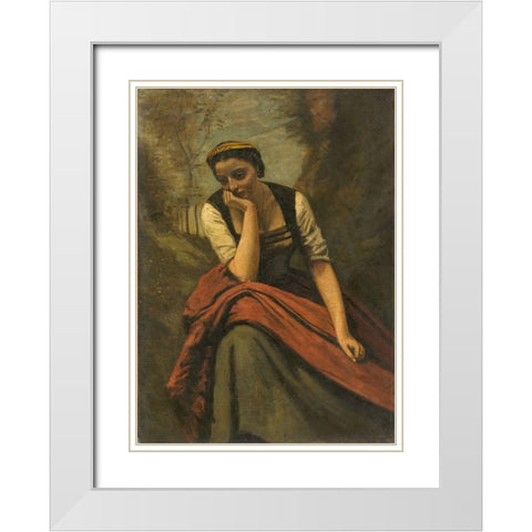 Woman Meditating White Modern Wood Framed Art Print with Double Matting by Corot, Jean Baptiste Camille