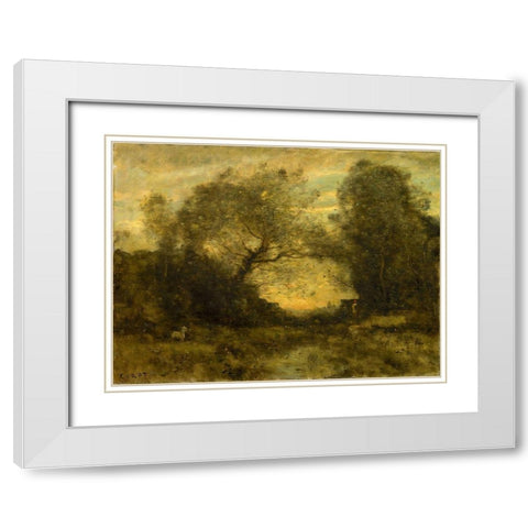 The Pond at the Entrance of the Woods White Modern Wood Framed Art Print with Double Matting by Corot, Jean Baptiste Camille