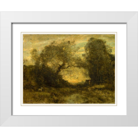 The Pond at the Entrance of the Woods White Modern Wood Framed Art Print with Double Matting by Corot, Jean Baptiste Camille