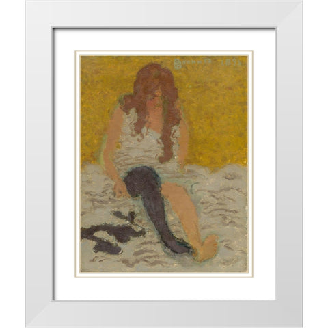 Woman Putting on Her Stockings White Modern Wood Framed Art Print with Double Matting by Bonnard, Pierre