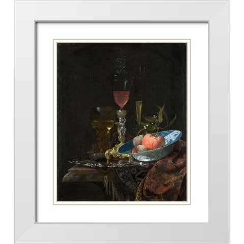 Wineglass and a Bowl of Fruit White Modern Wood Framed Art Print with Double Matting by Kalf, Willem