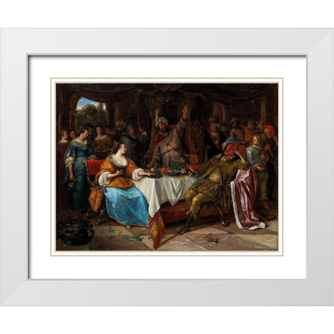 Esther, Ahasuerus, and Haman White Modern Wood Framed Art Print with Double Matting by Steen, Jan