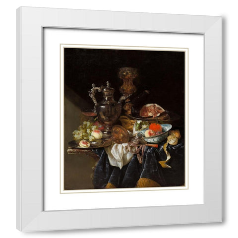 Silver Wine Jug, Ham, and Fruit White Modern Wood Framed Art Print with Double Matting by Beyeren, Abraham van