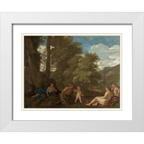 Nymphs and a Satyr White Modern Wood Framed Art Print with Double Matting by Poussin, Nicolas