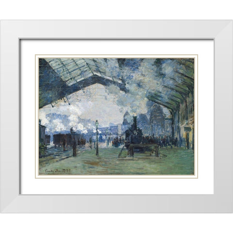 Arrival of the Normandy Train, Gare Saint-Lazare 1877 White Modern Wood Framed Art Print with Double Matting by Monet, Claude