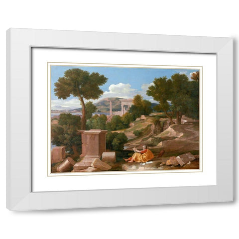 Landscape with Saint John on Patmos 1640 White Modern Wood Framed Art Print with Double Matting by Poussin, Nicolas