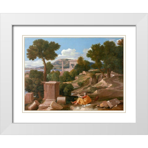 Landscape with Saint John on Patmos 1640 White Modern Wood Framed Art Print with Double Matting by Poussin, Nicolas