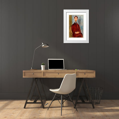 Portrait of Leopold Zborowski in red suit White Modern Wood Framed Art Print with Double Matting by Modigliani, Amedeo