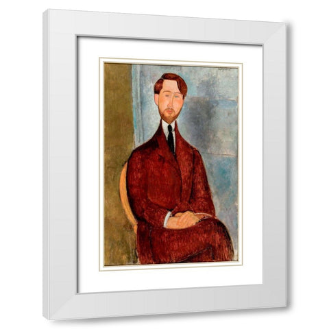 Portrait of Leopold Zborowski in red suit White Modern Wood Framed Art Print with Double Matting by Modigliani, Amedeo