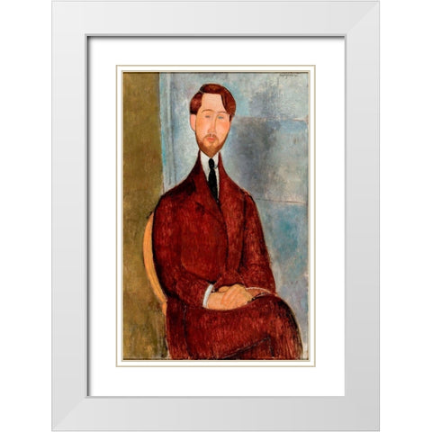 Portrait of Leopold Zborowski in red suit White Modern Wood Framed Art Print with Double Matting by Modigliani, Amedeo