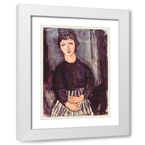 Seated girl in striped skirt White Modern Wood Framed Art Print with Double Matting by Modigliani, Amedeo