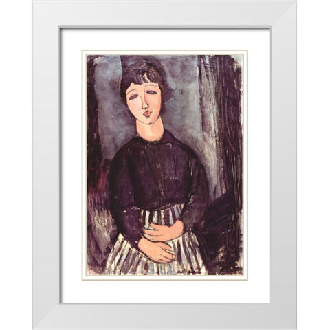 Seated girl in striped skirt White Modern Wood Framed Art Print with Double Matting by Modigliani, Amedeo