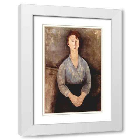 Seated woman in grey shirt White Modern Wood Framed Art Print with Double Matting by Modigliani, Amedeo