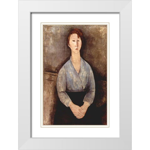 Seated woman in grey shirt White Modern Wood Framed Art Print with Double Matting by Modigliani, Amedeo