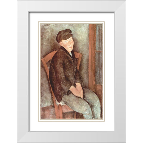 Seated boy in hat White Modern Wood Framed Art Print with Double Matting by Modigliani, Amedeo