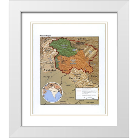 Kashmir-India White Modern Wood Framed Art Print with Double Matting by Vintage Maps